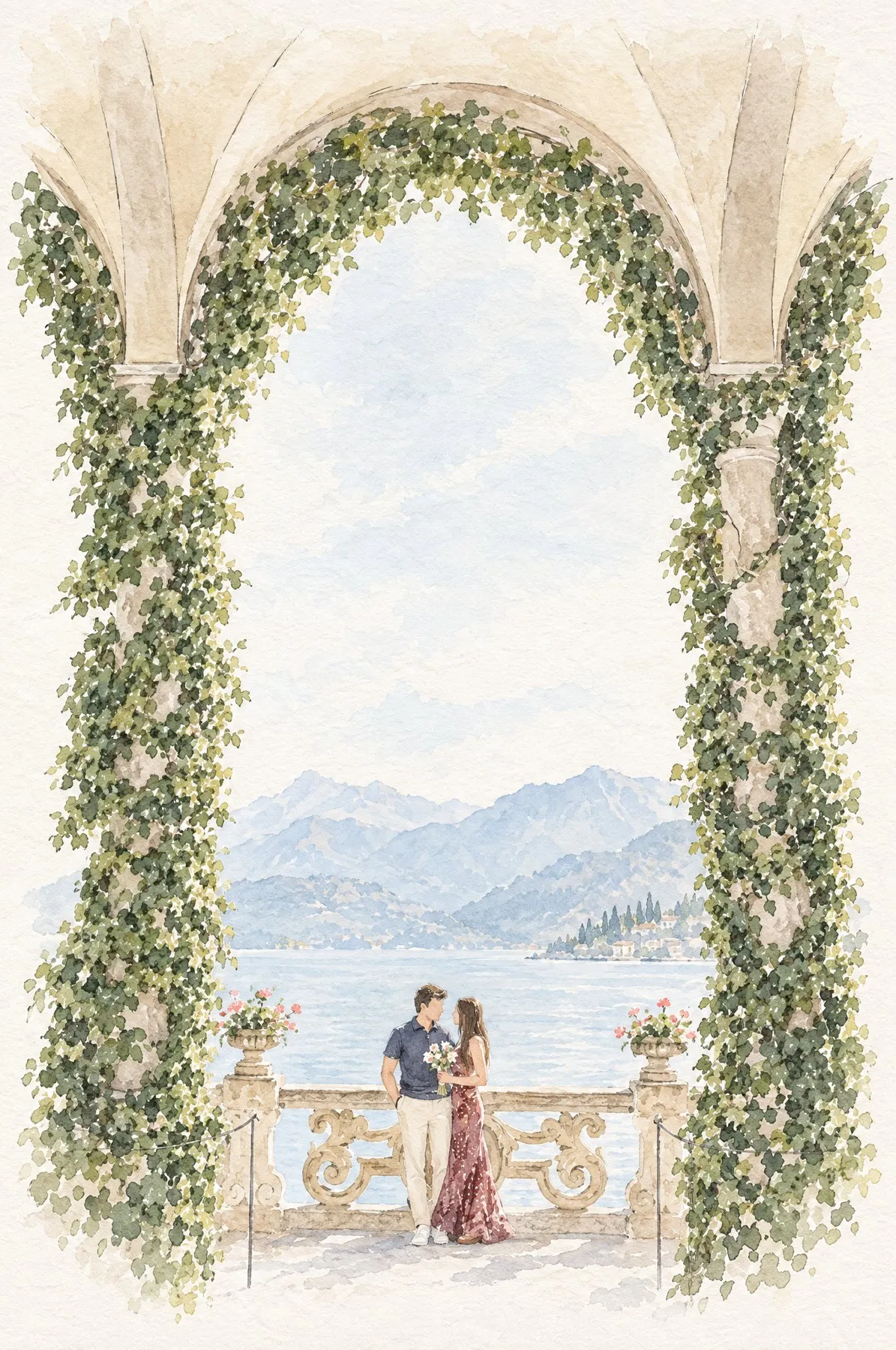 Acuarela de Alma y Ramón bajo los arcos de Villa del Balbianello, en el lago de Como